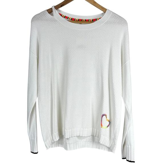 Lisa Todd Lover Embroidered Rainbow Heart Sweater White Women's Size L NWT - Picture 1 of 7